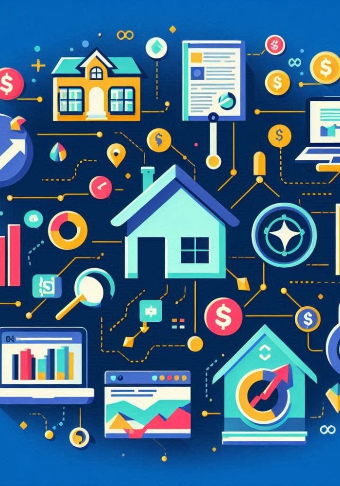 Flat design icons of rental properties, affiliate marketing links, stock charts, and e-books arrange